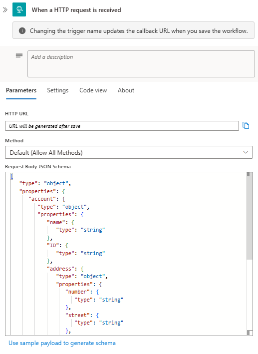 Capture d'écran montrant le flux de travail de consommation et le déclencheur de demande avec un exemple de schéma JSON.