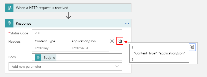 Capture d'écran montrant le portail Azure, le flux de travail de la consommation et les en-têtes de l'action de réponse dans la vue