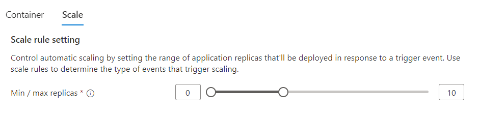 Screenshot du curseur de plage d’échelle Azure Container Apps.
