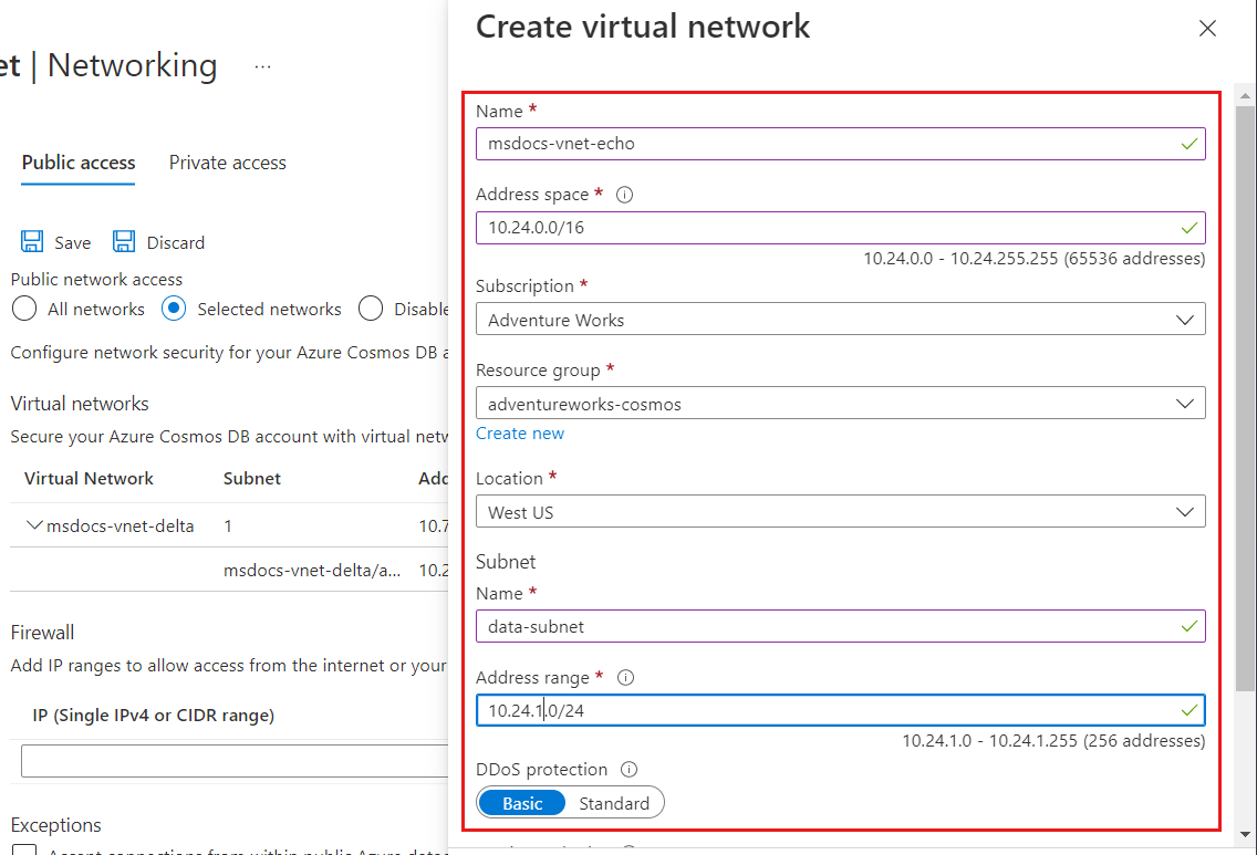 Capture d’écran de la boîte de dialogue permettant de créer un réseau virtuel Azure, de configurer un sous-réseau et d’activer ensuite le point de terminaison de service pour Azure Cosmos DB.
