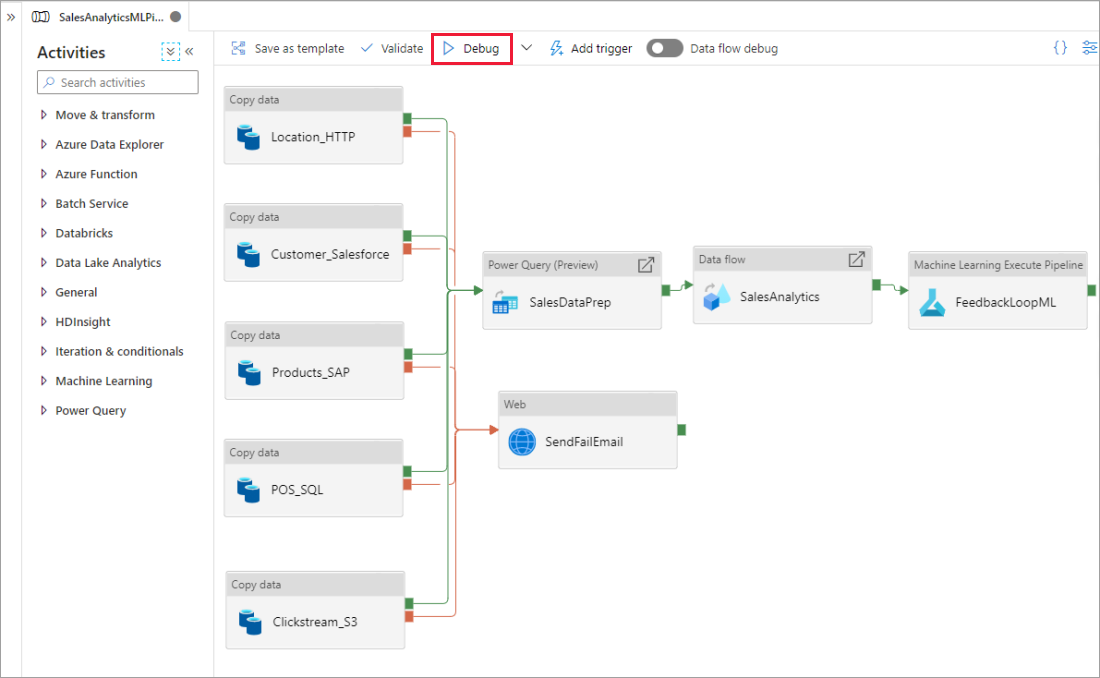 Debug capability on the pipeline canvas