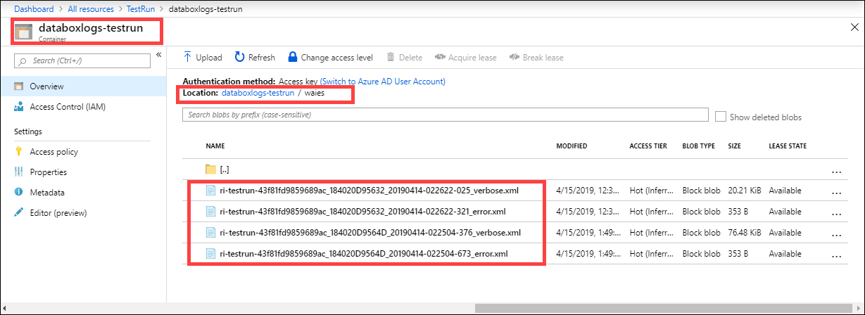 Capture d’écran des journaux des erreurs et des journaux détaillés dans un compte de stockage pour une commande Azure Data Box Disk. Les journaux inclus dans les conteneurs W-A-I-E-S sont mis en évidence.