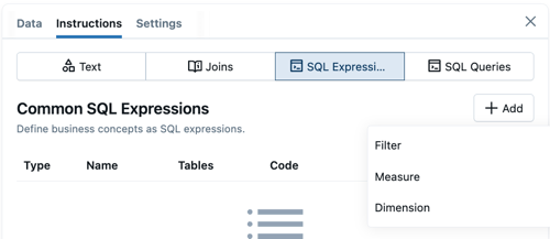Interface d’expressions SQL montrant les mesures, les filtres et les dimensions
