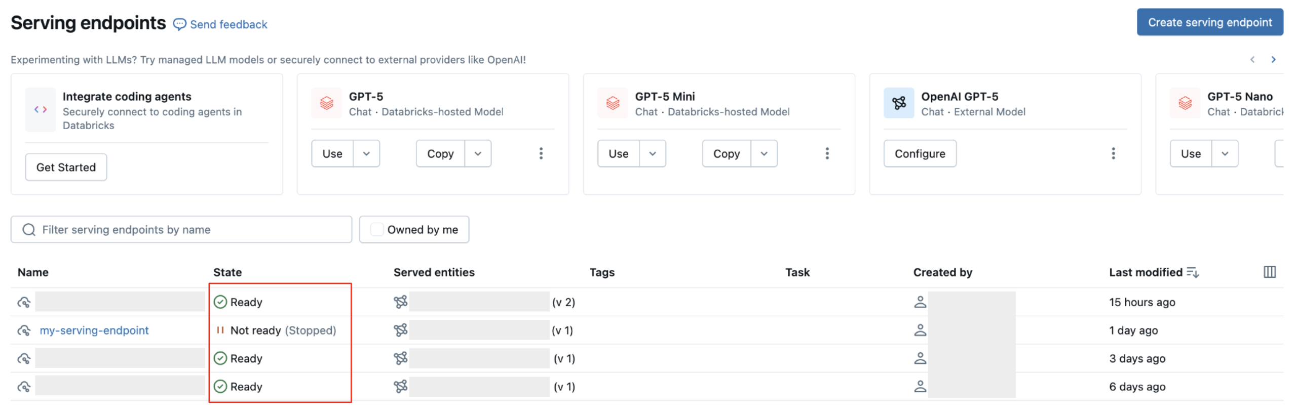 Vérifiez l’état du point de terminaison à l’aide de l’interface utilisateur de service des endpoints de la liste.