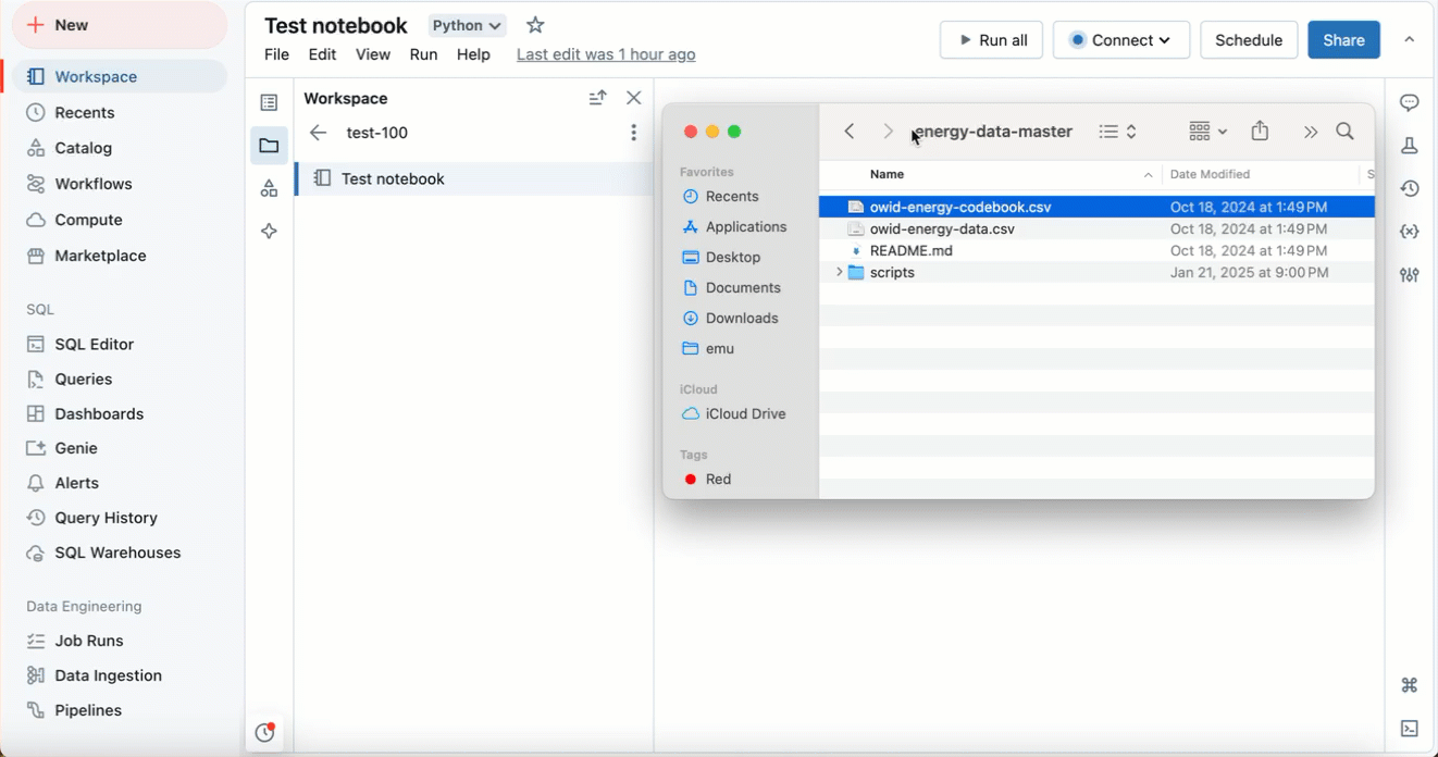 Glissez et déposez des fichiers du volet latéral du navigateur de fichiers de l’espace de travail depuis l’éditeur de notebook.
