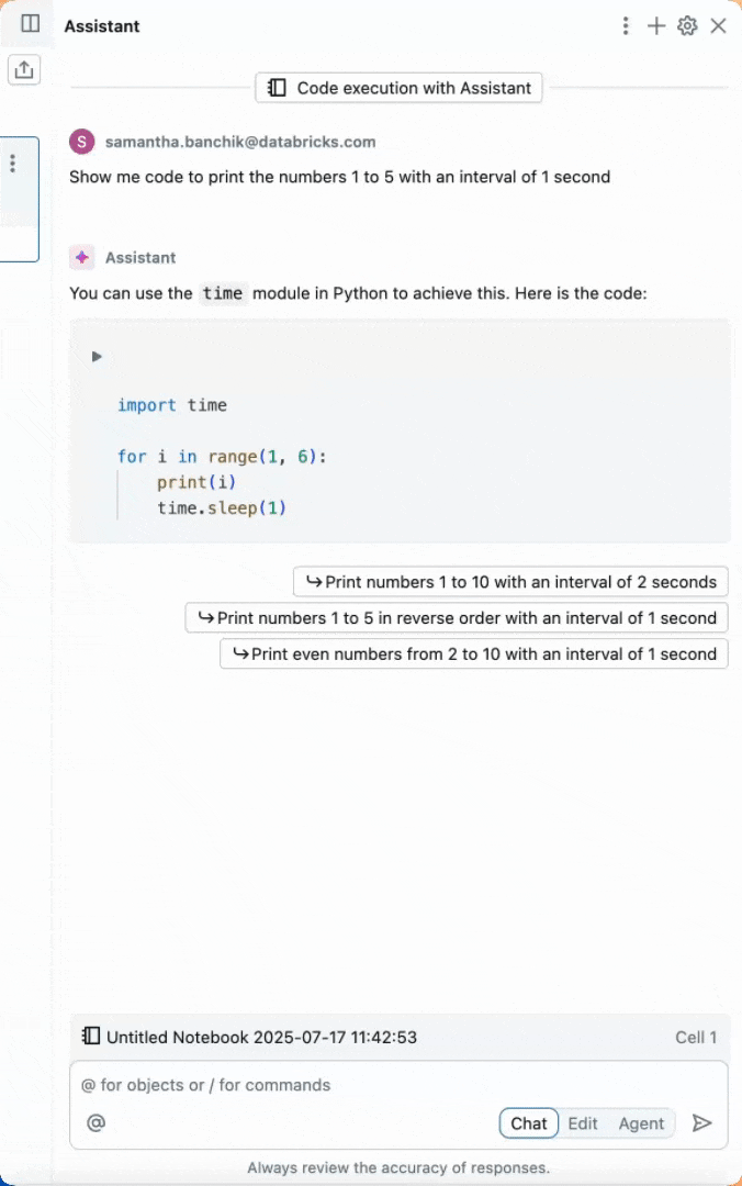 Exécutez du code Python dans le volet Assistant.