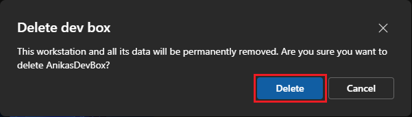 Capture d’écran du message de confirmation après avoir sélectionné pour supprimer une zone de développement.