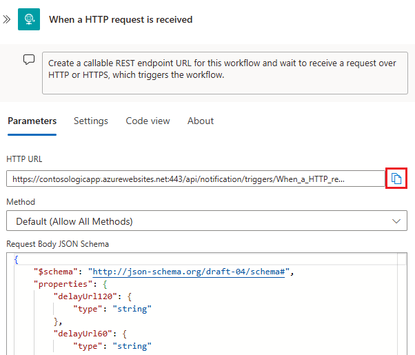 Capture d’écran montrant la copie de l’URL du webhook.