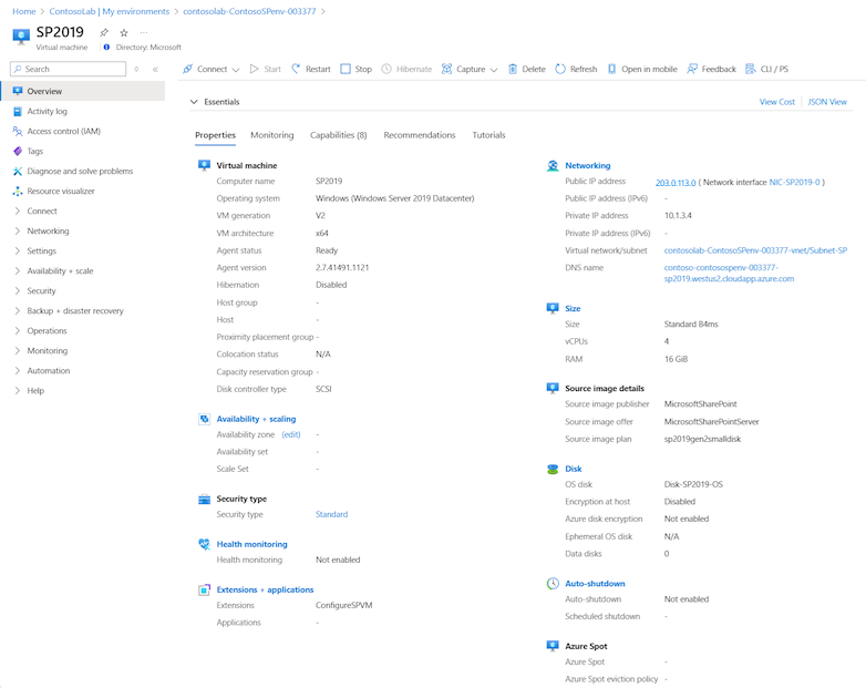 Capture d’écran montrant les actions disponibles pour la machine virtuelle d’environnement sélectionnée.