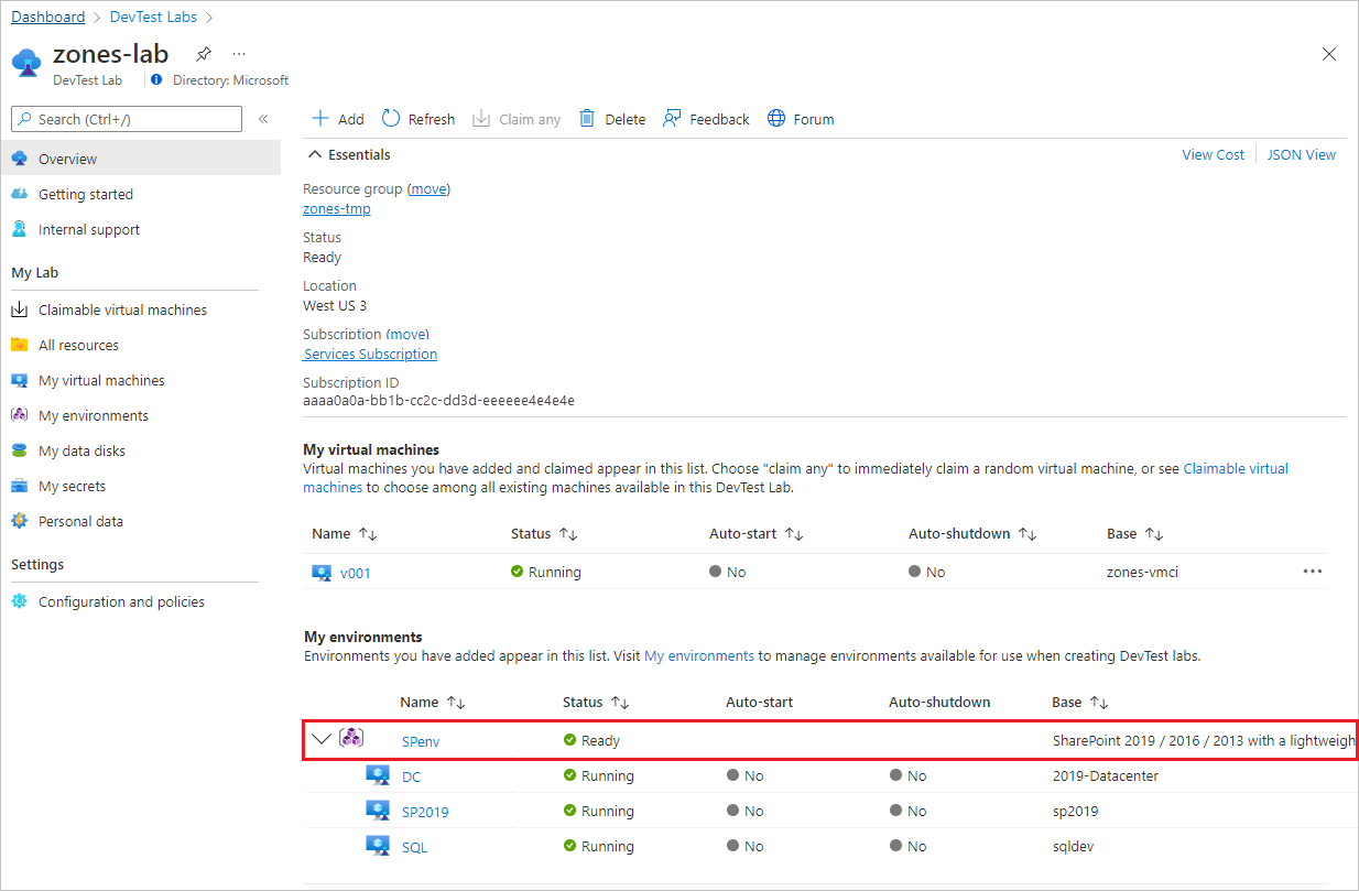 Capture d’écran d’un environnement SharePoint dans un labo.