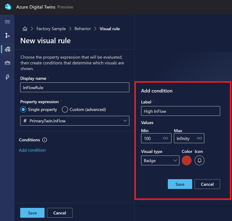 Capture d’écran des options Nouvelle règle visuelle dans 3D Scenes Studio. Les options Ajouter une condition sont mises en surbrillance.