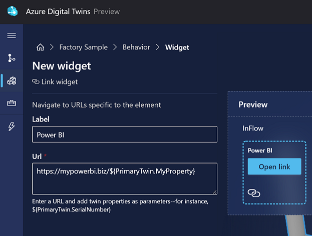 Capture d’écran de la création d’un widget de type lien dans 3D Scenes Studio.