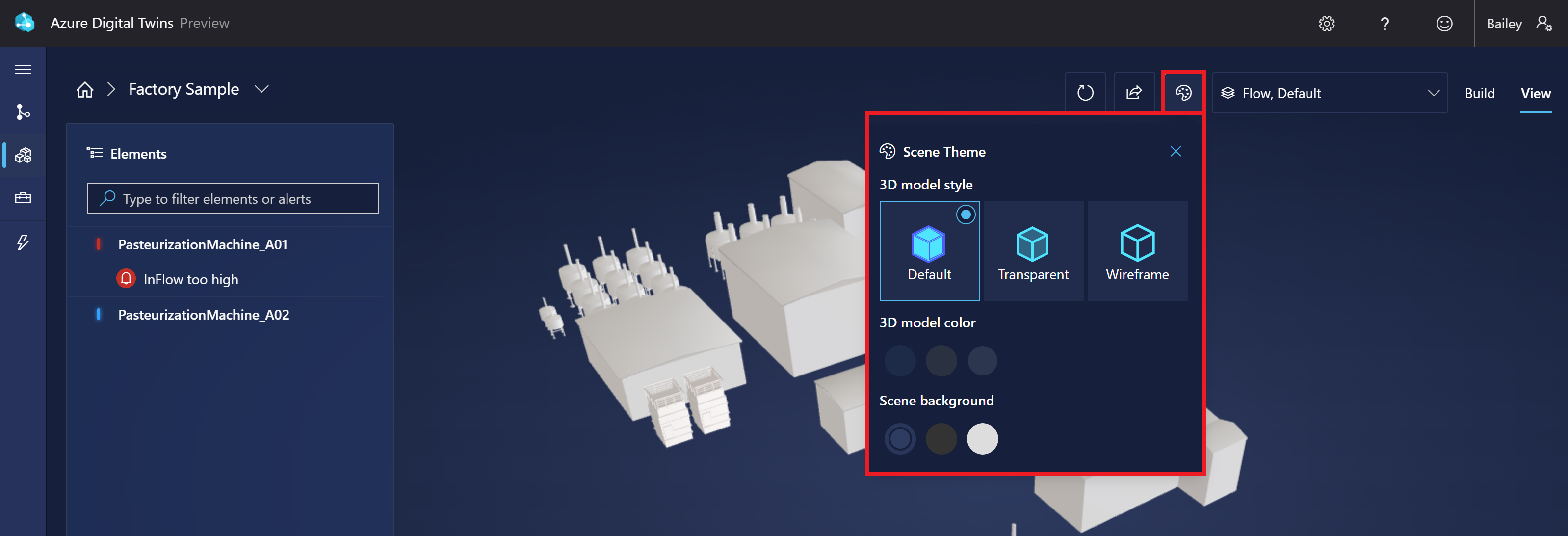 Capture d’écran de 3D Scenes Studio, montrant une scène dans le générateur. Le bouton Thème est mis en évidence.