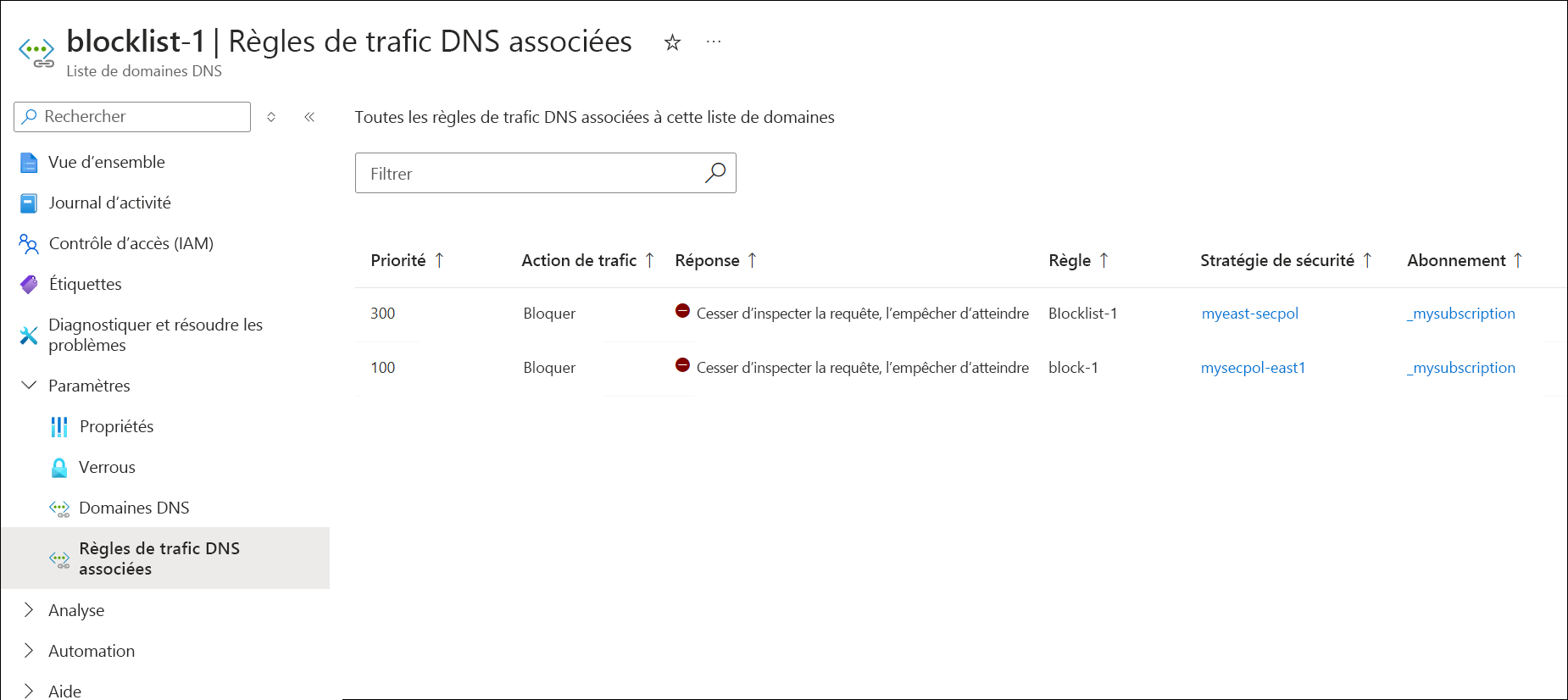 Capture d'écran des règles de trafic de la liste de domaines associés.