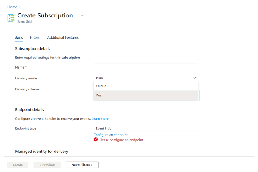 Capture d’écran montrant la création d’abonnement à un événement push.