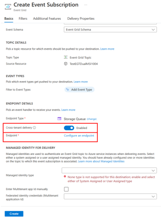 Capture d’écran montrant la page Créer un abonnement aux événements avec l’option Remise multilocataire activée.