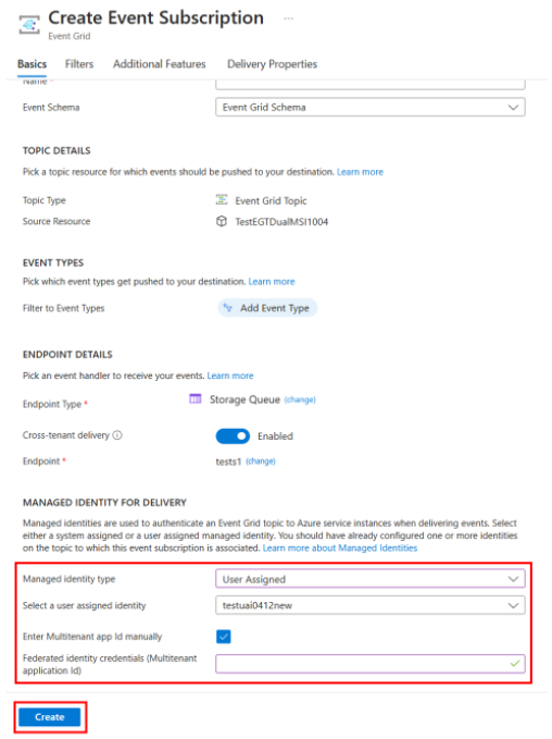 Capture d’écran montrant la page Créer un abonnement aux événements avec l’identité managée spécifiée.