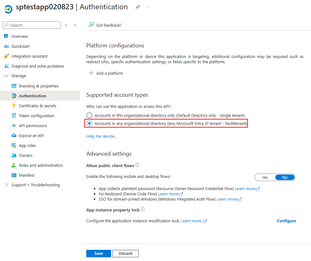 Capture d’écran montrant le paramètre d’authentification d’application Microsoft Entra défini sur Multilocataire.
