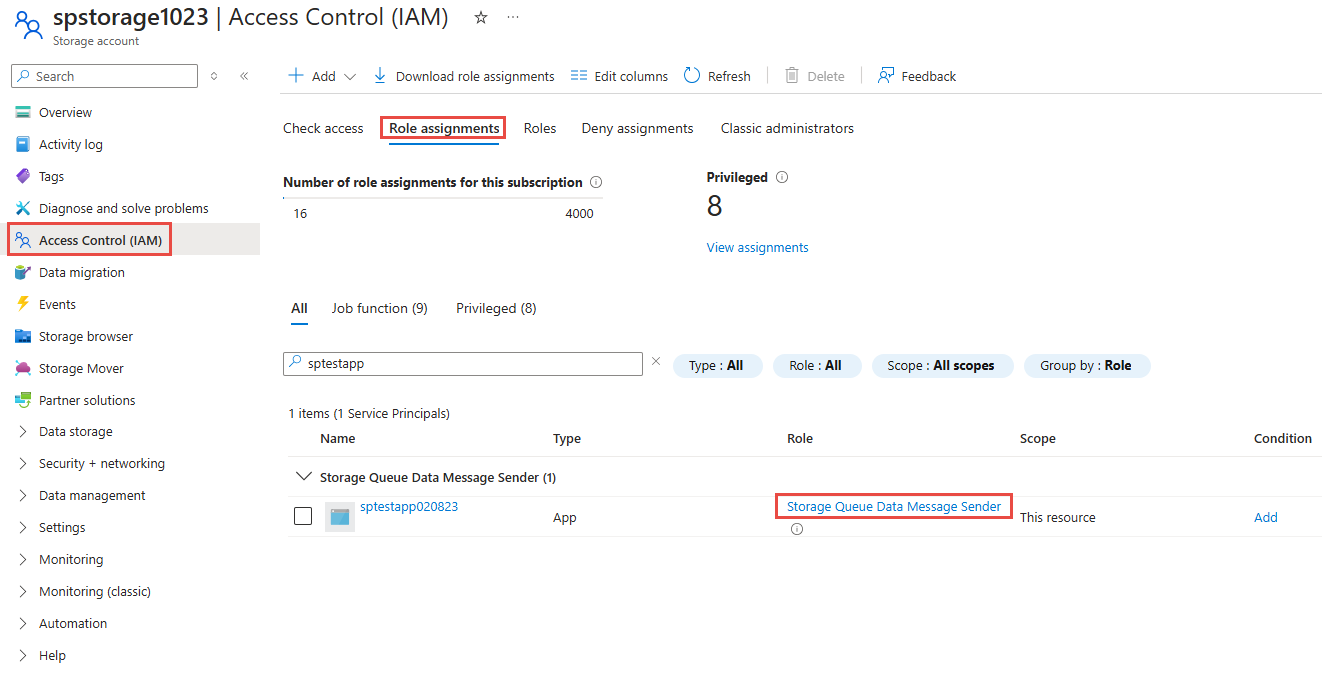 Capture d’écran montrant la page Contrôle d’accès (IAM) pour le compte de stockage.