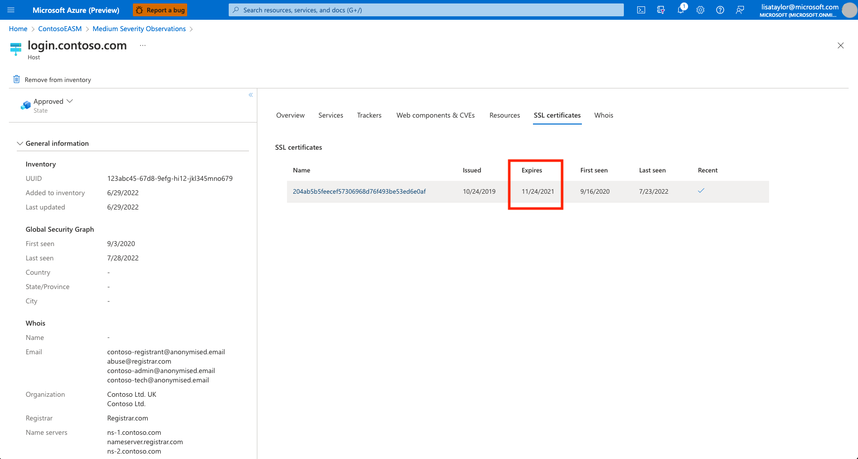 Capture d’écran de la liste des ressources impactées à partir de la vue d’exploration, doit être un certificat SSL expiré.