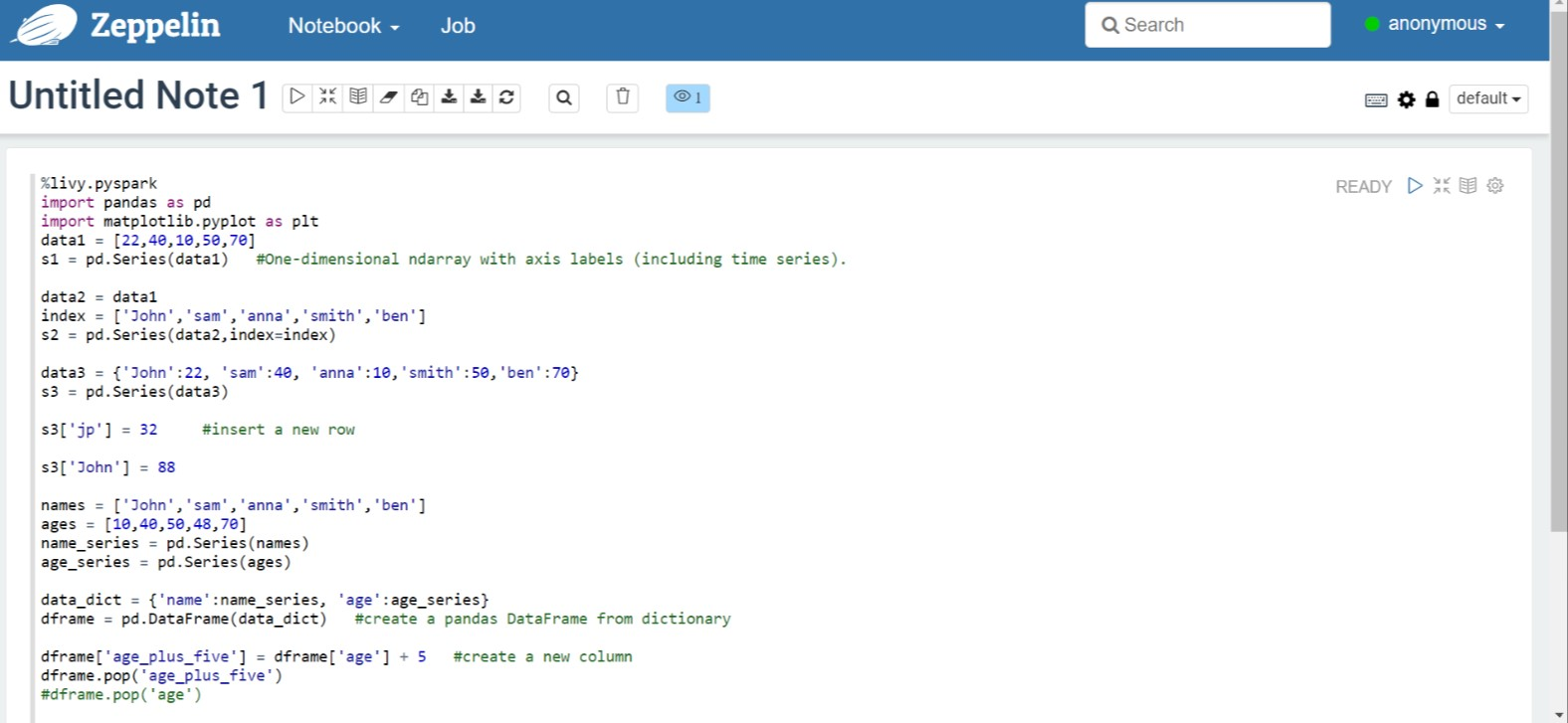 Capture d’écran montrant comment exécuter un notebook Zeppelin.