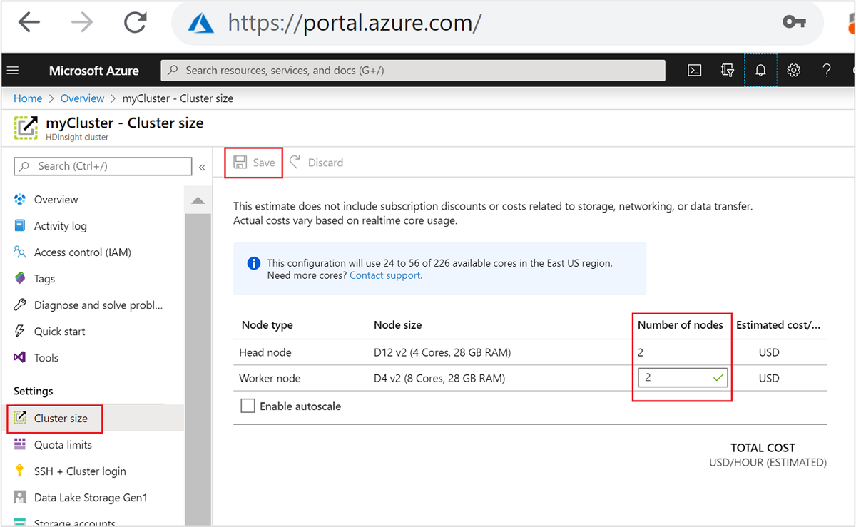 Option pour mettre le cluster à l’échelle dans le Portail Azure.