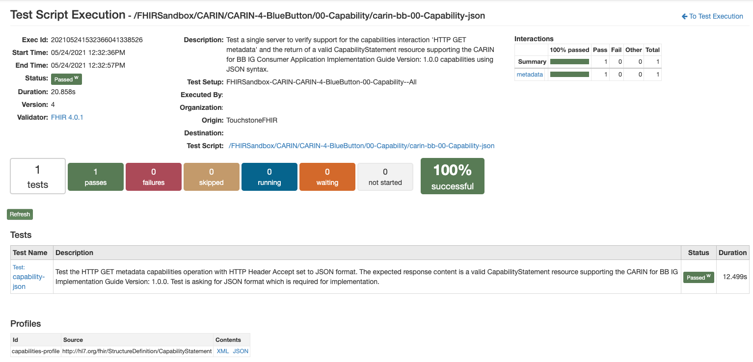 Résultats d’exécution du script de test de capacité.