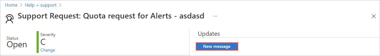 Capture d’écran montrant un nouveau message sélectionné pour une demande de support Azure.