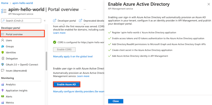 Capture d'écran de l'activation de Microsoft Entra ID sur la page de présentation du portail des développeurs.