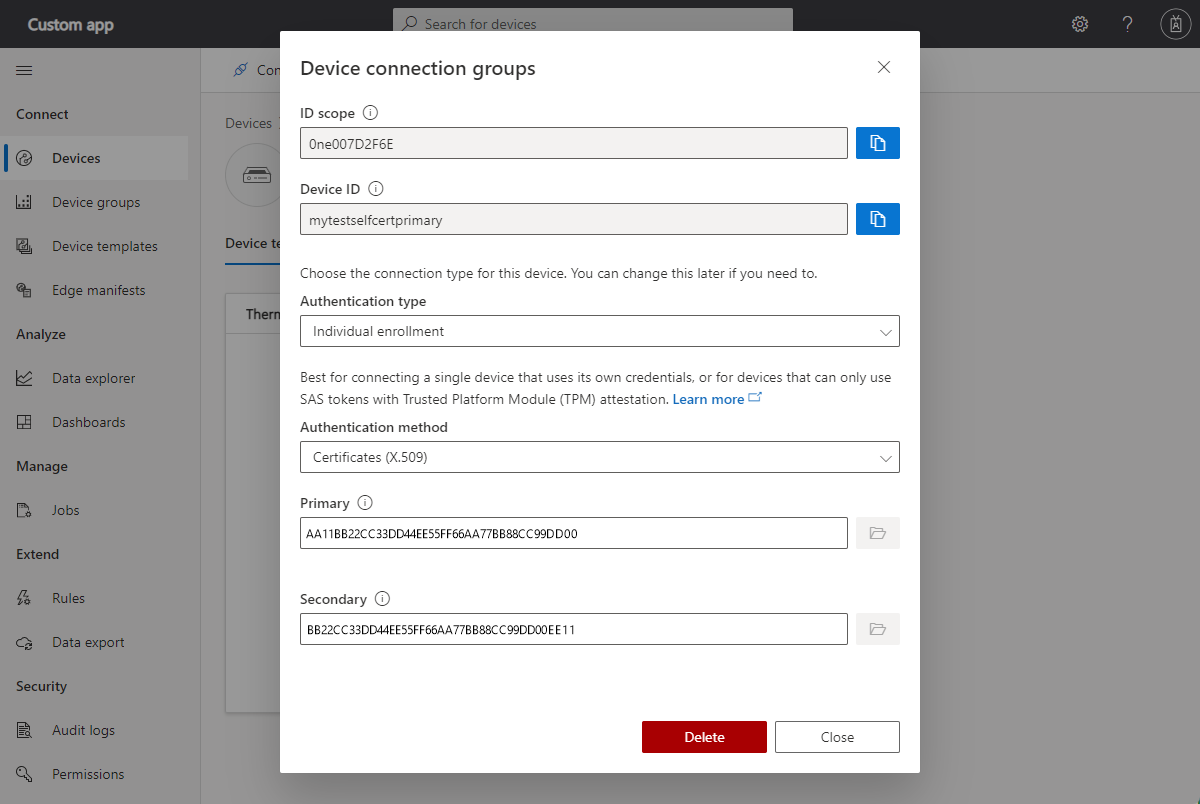 Screenshot that shows how to connect a device using an X.509 individual enrollment.