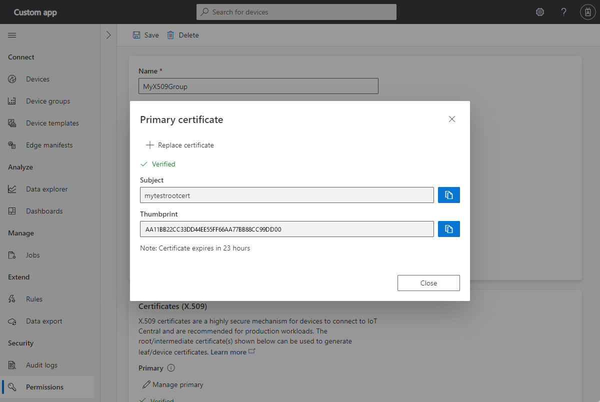 Screenshot that shows a verified X509 certificate.