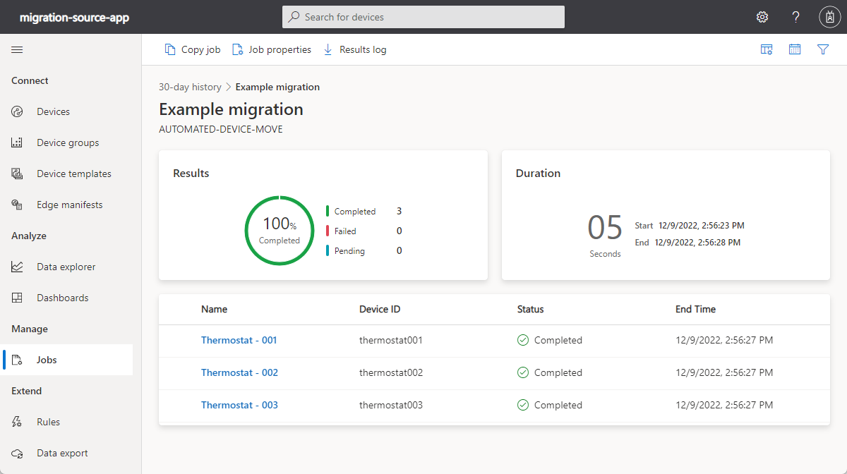 Screenshot showing completed migration status for IoT Central job.