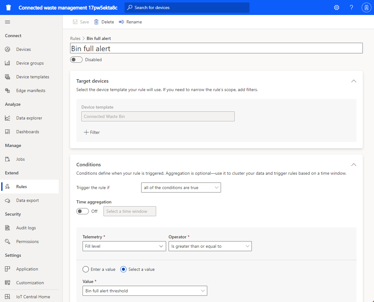 Capture d’écran de la règle de corbeille pleine de l’application de gestion des déchets connectée.