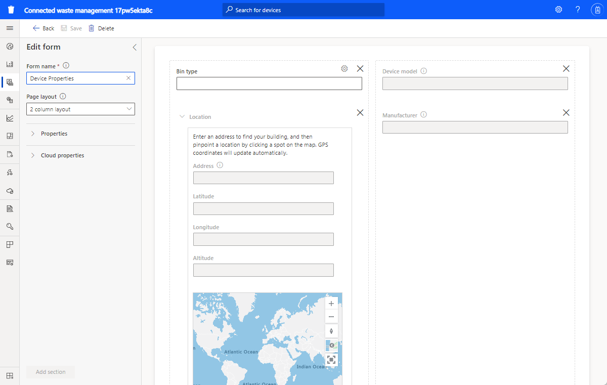 Capture d’écran des vues de modèle d’appareil d’application de gestion des déchets connecté.