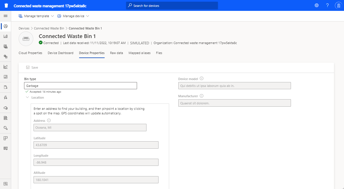 Capture d’écran de la page Appareils d’application de gestion des déchets connectés.