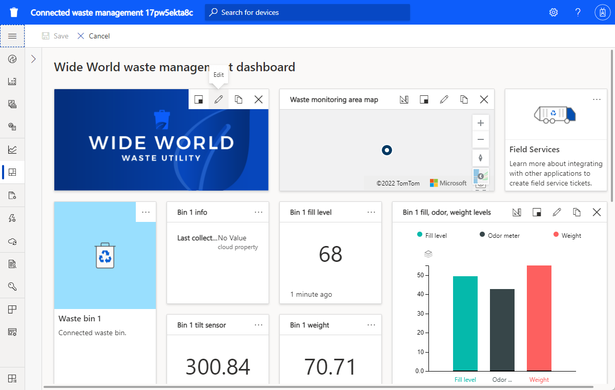 Capture d’écran du tableau de bord de l’application de gestion des déchets connectée en mode d’édition.