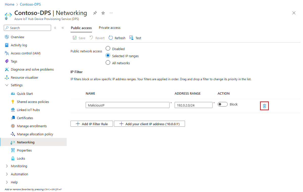 Capture d’écran montrant comment supprimer une règle de filtre IP pour une instance IoT DPS dans le portail Azure.