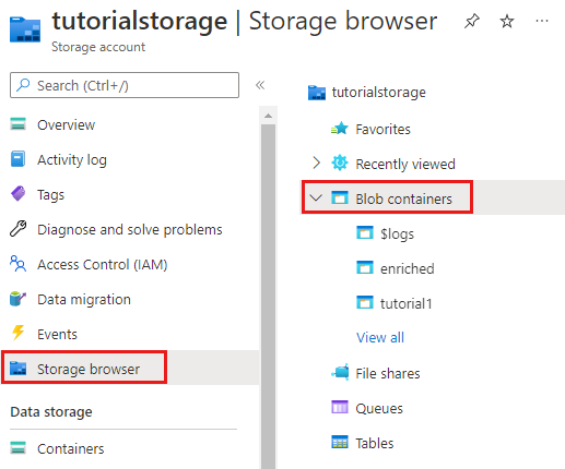 Capture d’écran montrant les conteneurs blob dans le compte de stockage.