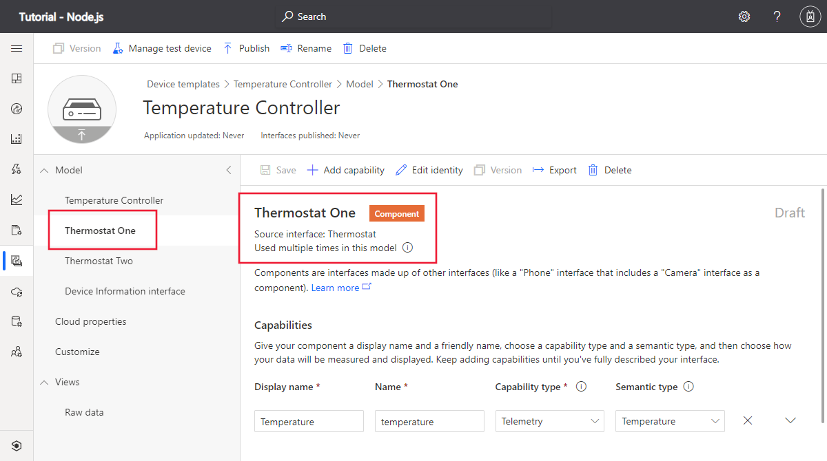 Capture d’écran montrant les composants de thermostat dans le modèle d’appareil de contrôleur de température dans IoT Central.