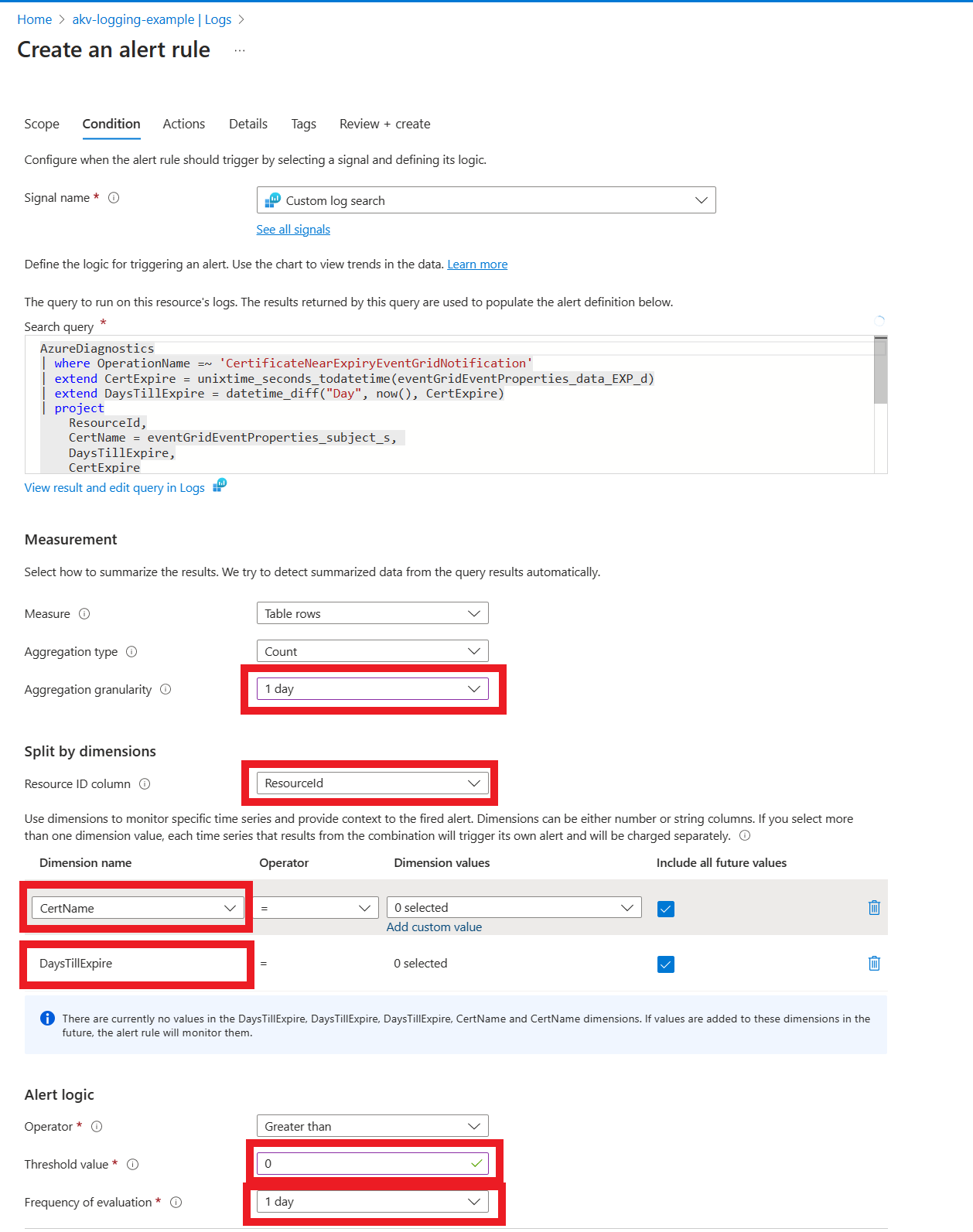 Capture d’écran montrant la configuration des conditions de l’alerte.