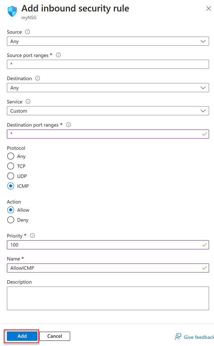 Screenshot of Add inbound port rule windows with settings allowing ICMP echo messages.