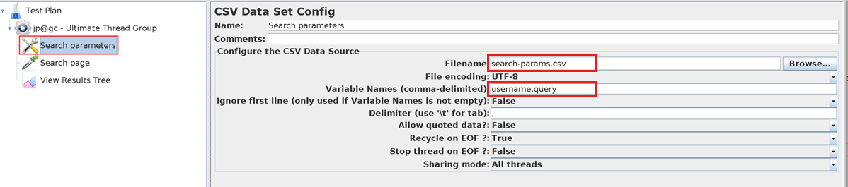 Screenshot that shows the JMeter UI to configure a C S V Data Set Config element.