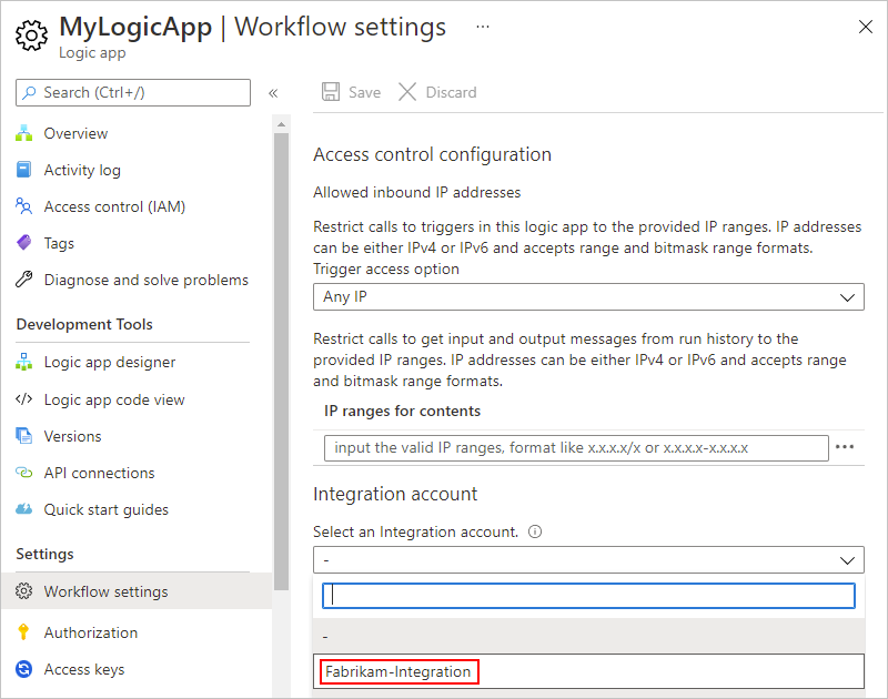 Capture d’écran montrant le menu de compte d’intégration du Portail Azure avec une page nommée Paramètres du flux de travail ouverte et la liste Sélectionner un compte d’intégration&nbsp;ouverte.