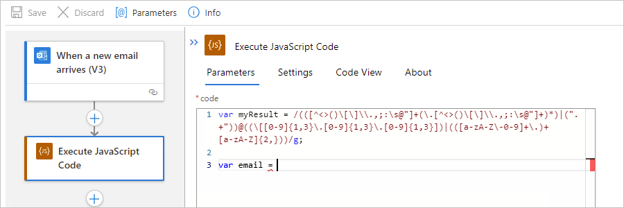 Capture d’écran montrant le flux de travail Standard, l’action Exécuter du code JavaScript et un exemple de code qui crée des variables.