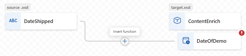 Capture d’écran illustrant Visual Studio Code avec des éléments provenant des schémas source et cible avec une relation de mappage et une option pour insérer une fonction.