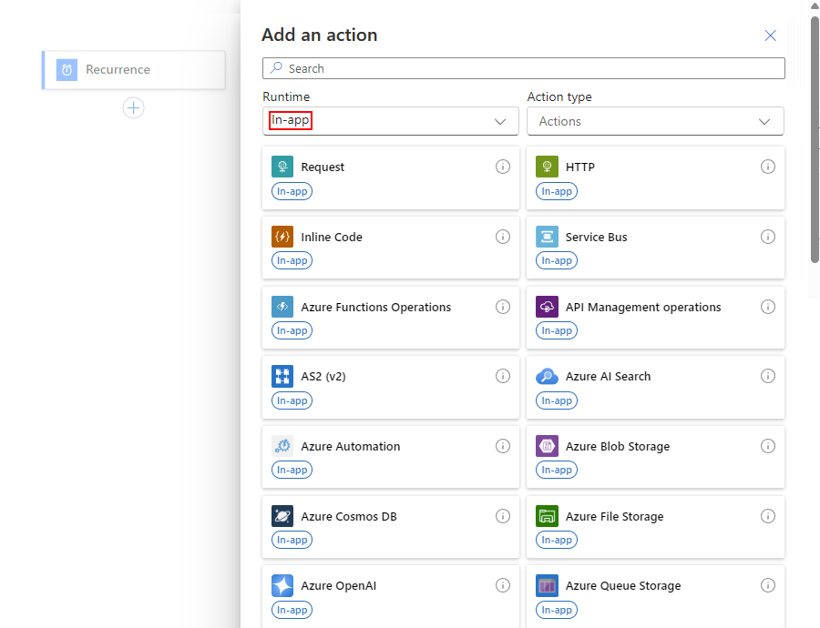 Capture d’écran montrant le portail Azure, le concepteur de workflow d’application logique Standard avec un déclencheur, et la galerie des connecteurs « Dans l’application » avec actions.