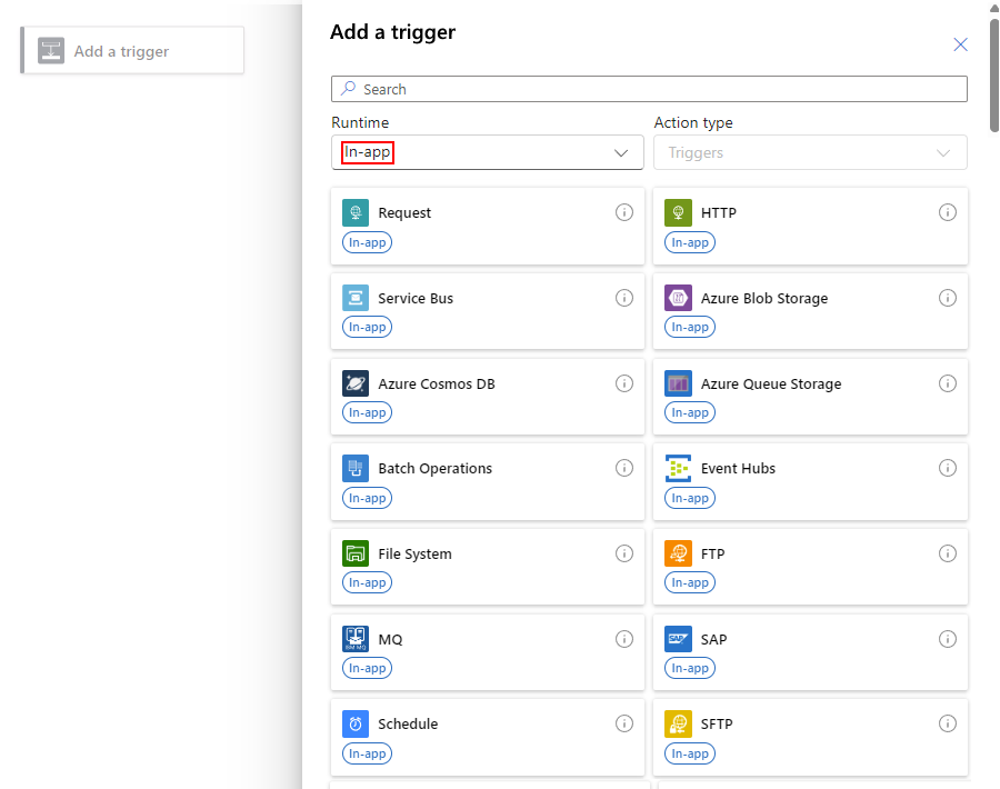 Capture d’écran montrant le portail Azure, le concepteur de flux de travail Standard, le volet Ajouter un déclencheur et le runtime défini sur Dans l’application.