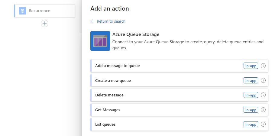 Capture d’écran montrant le portail Azure, le concepteur de flux de travail avec état d’application logique Standard, avec le connecteur Stockage File d’attente Azure avec des actions.