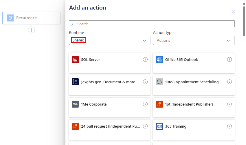 Capture d’écran montrant le portail Azure, le concepteur de flux de travail Consommation avec un déclencheur existant, le volet Ajouter un déclencheur et le runtime défini sur Partagés.