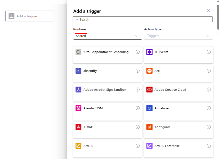 Capture d’écran montrant le portail Azure, le concepteur de flux de travail Standard, le volet Ajouter un déclencheur et le runtime défini sur Partagés.